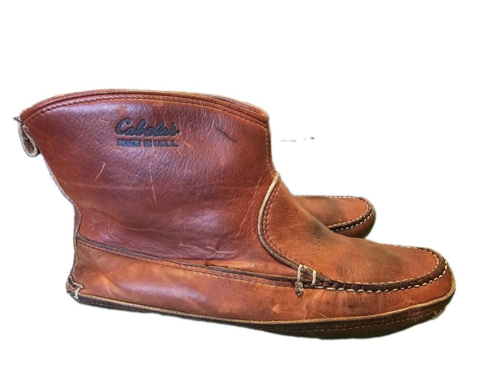 VTG Cabelas Brown Leather Moccasin Boots Mens Size 9 Made In USA Slip On Mid